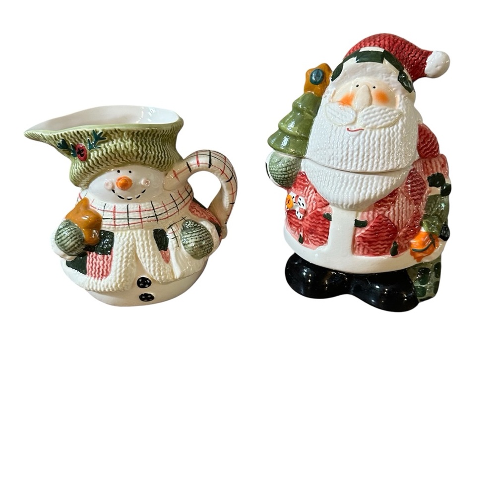 Christmas Santa And Snowman Sugar And Creamer Containers - Picture 1 of 14